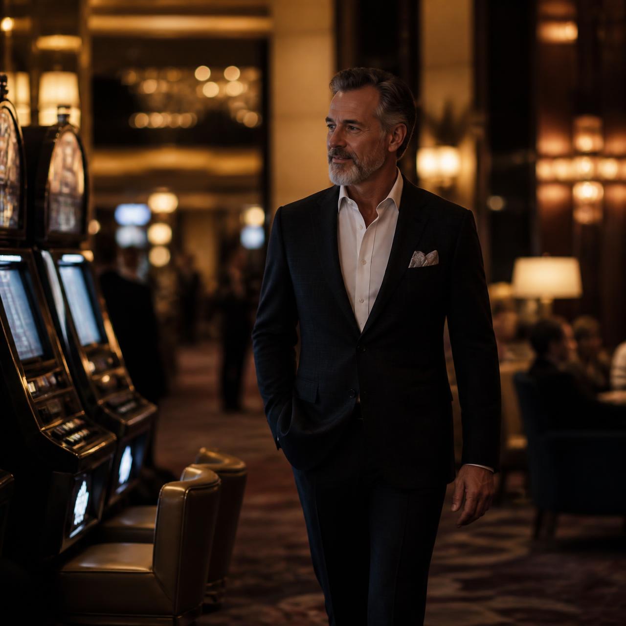 A guest calmly stepping away from a slot machine in a warmly lit casino lounge